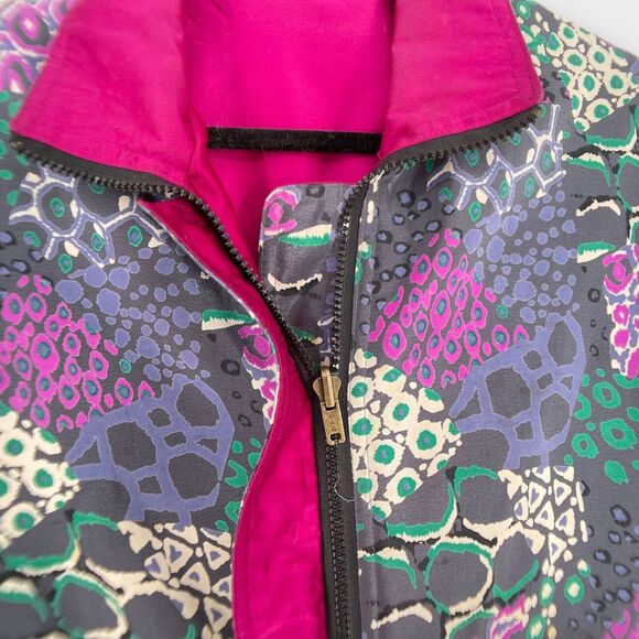 Vintage 80s Silk Reversible Jacket Funky Geometric Solid Fuschia Pink Oversized - Picture 9 of 10